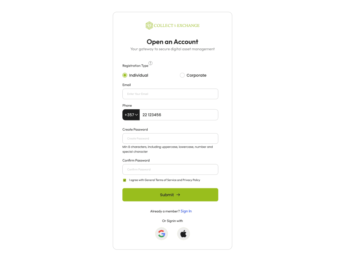 Open an account on the Collect & Exchange platform