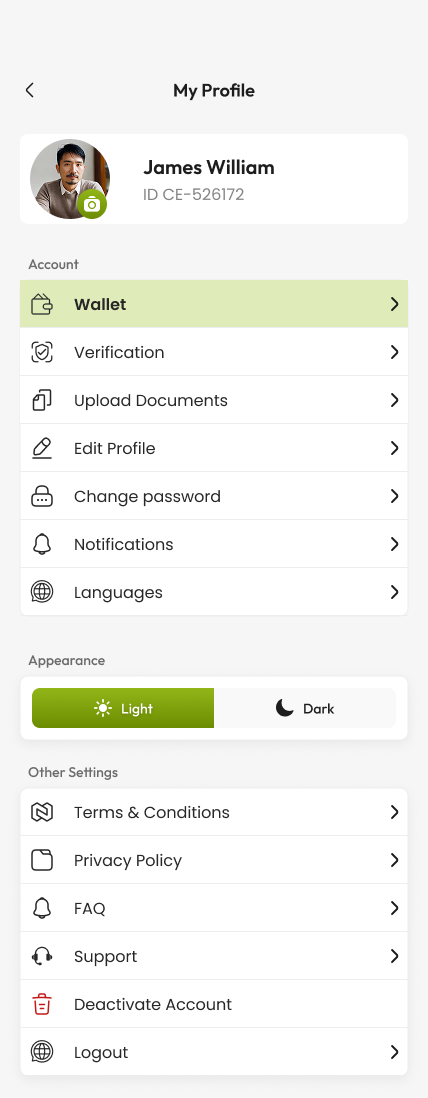 Profile and wallet screen