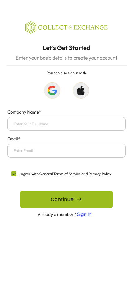 Mobile application registration screen