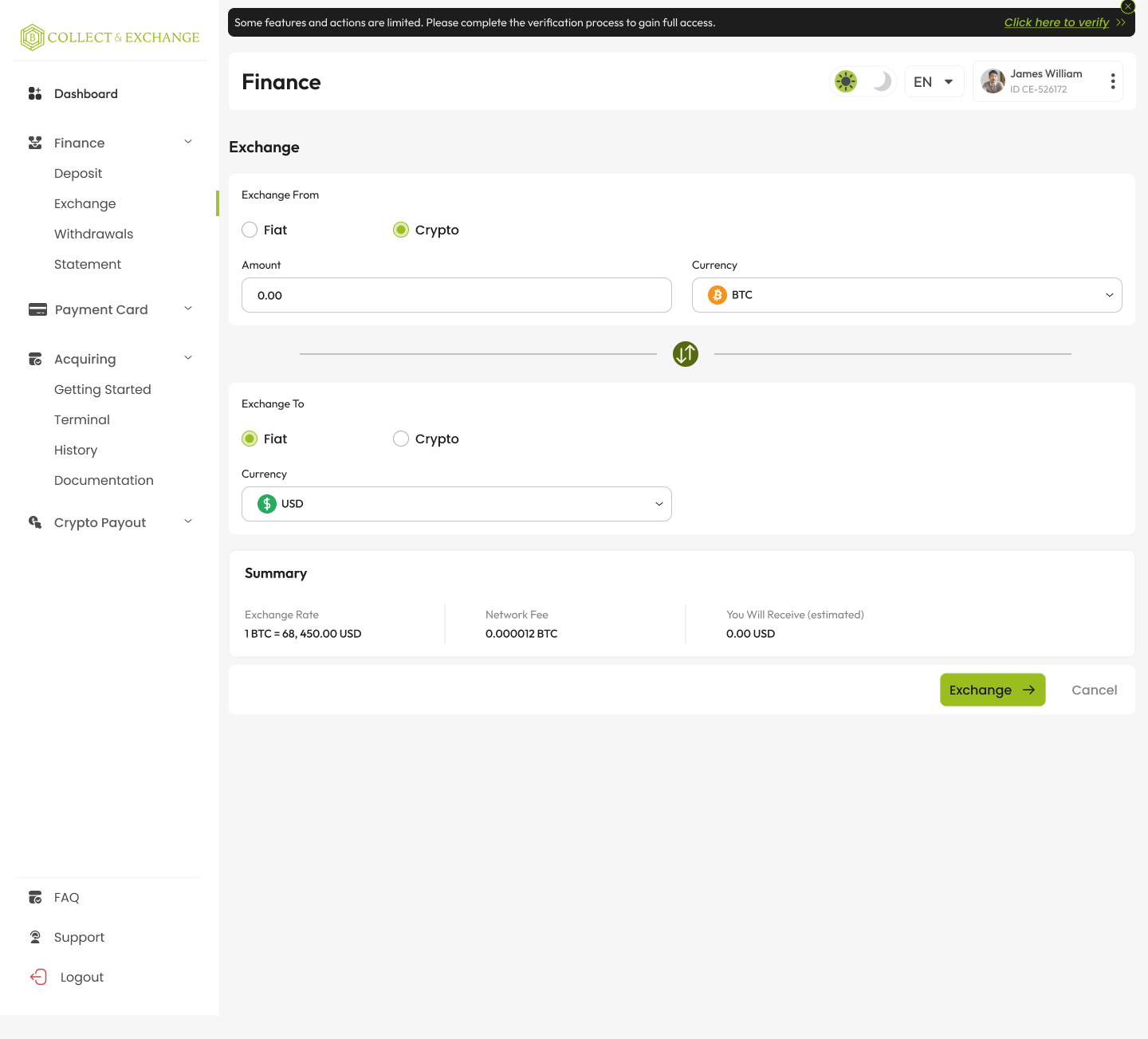 Finance exchange screen with full platform access