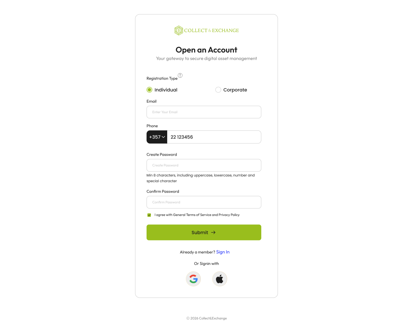 Account registration screen