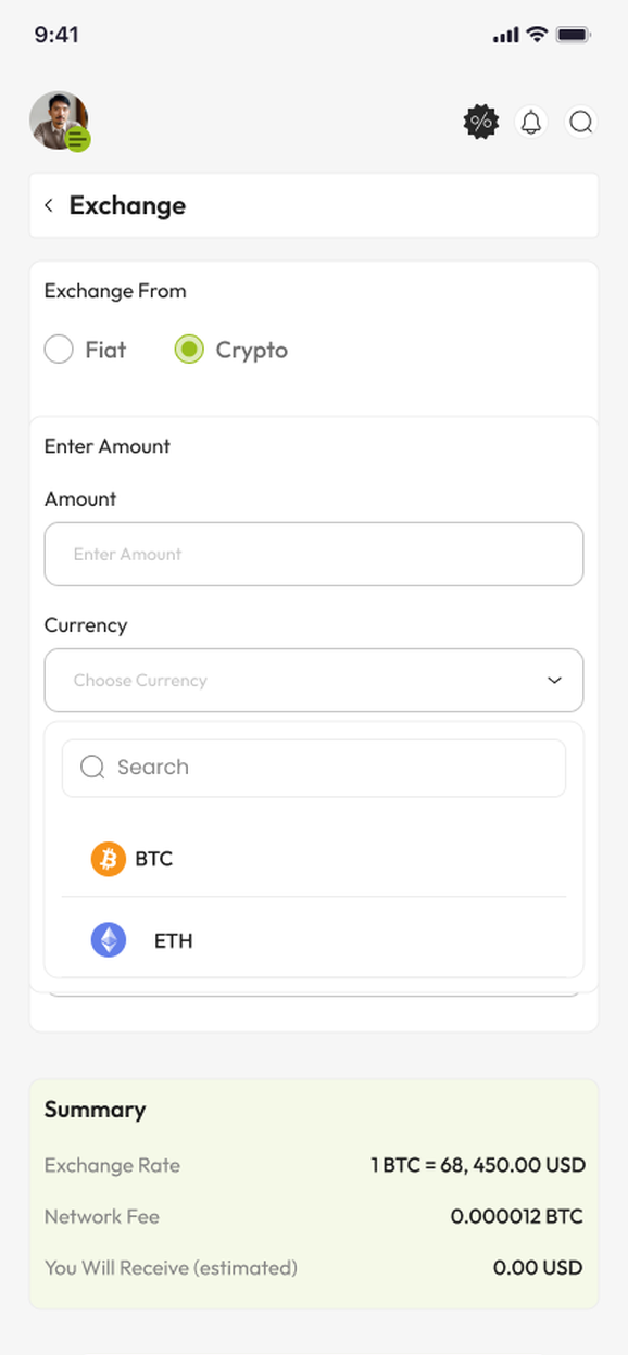 Exchange screen for choosing the asset to swap